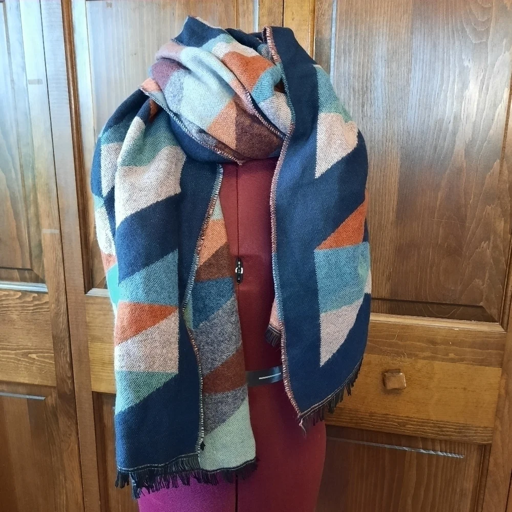 14th & Union oversized blue orange geometric pattern long knit scarf